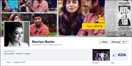 Nazriya Nazim Facebook page crosses 6 lakhs likes officially