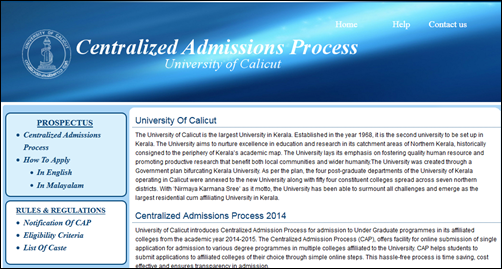 Calicut University Centralized Admissions Process (CAP) 2014 Important instructions