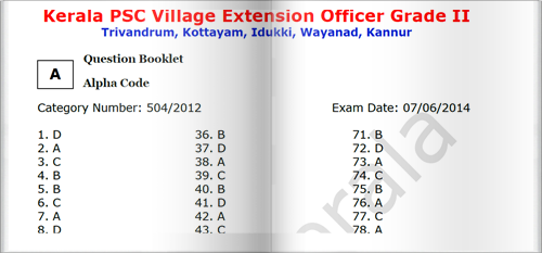 Kerala PSC Village Extension Officer (VEO) Answer Key for Reference