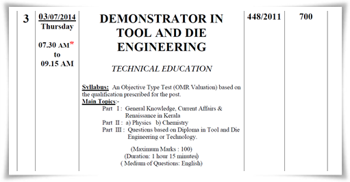 Kerala Demonstrator in Tool and Die Engineering exam 2014 hall ticket at PSC website