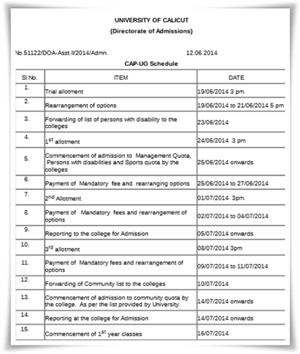 Calicut University Trial Allotment 2014 on 19th June