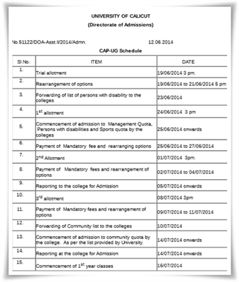 Calicut University degree allotment 2014 schedule published