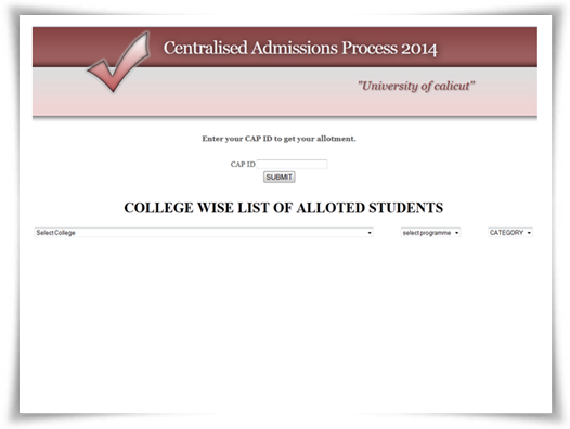 Calicut University 2014 CAP College wise list of allotted students