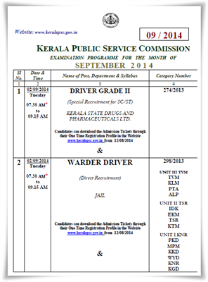 Kerala PSC exam calendar September 2014 published