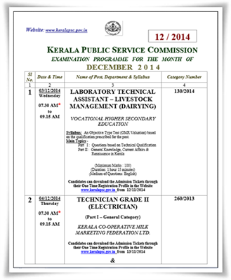 Kerala PSC exam calendar December 2014 published