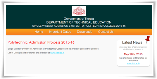 Kerala Polytechnic Admission 2015-16 Online Registration Details